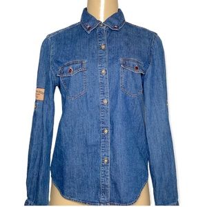 Harley Davidson Vintage Button Up Denim Shirt Roll-Up Sleeve Rhinestones Size S